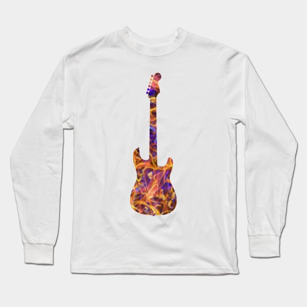 Yellow on Purple Flame Guitar Silhouette Long Sleeve T-Shirt by gkillerb